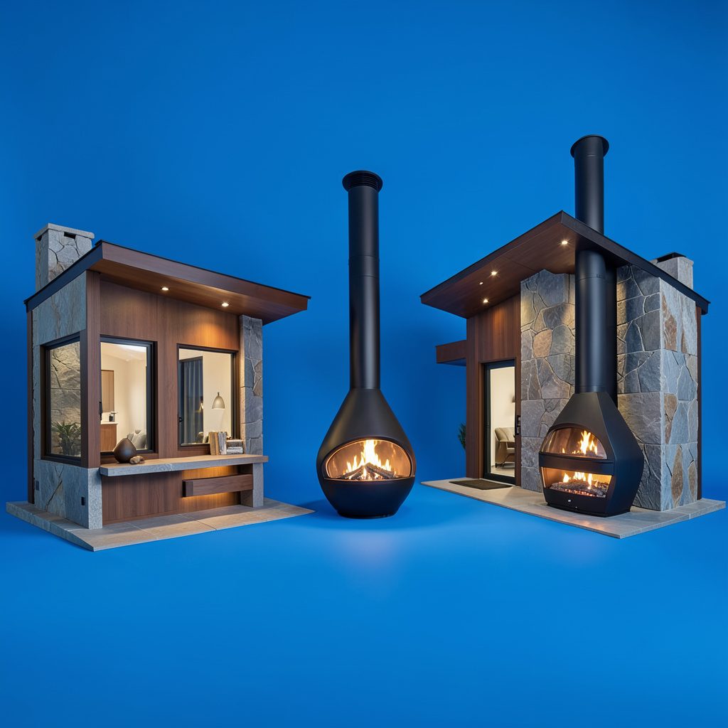 Salón moderno con chimenea y iluminación creativa, en tonos cálidos y ambiente acogedor