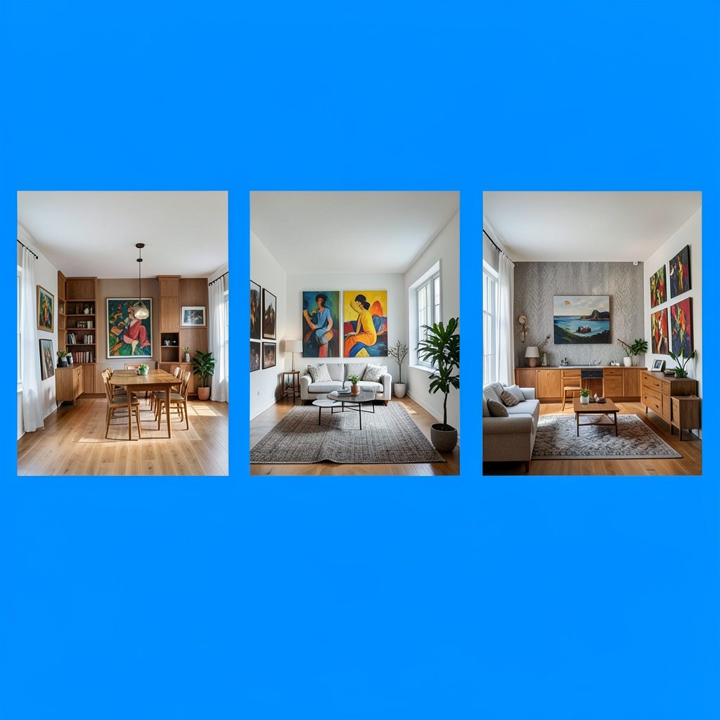 Casa con piezas de arte y objetos decorativos de colores sobre estanterías claras