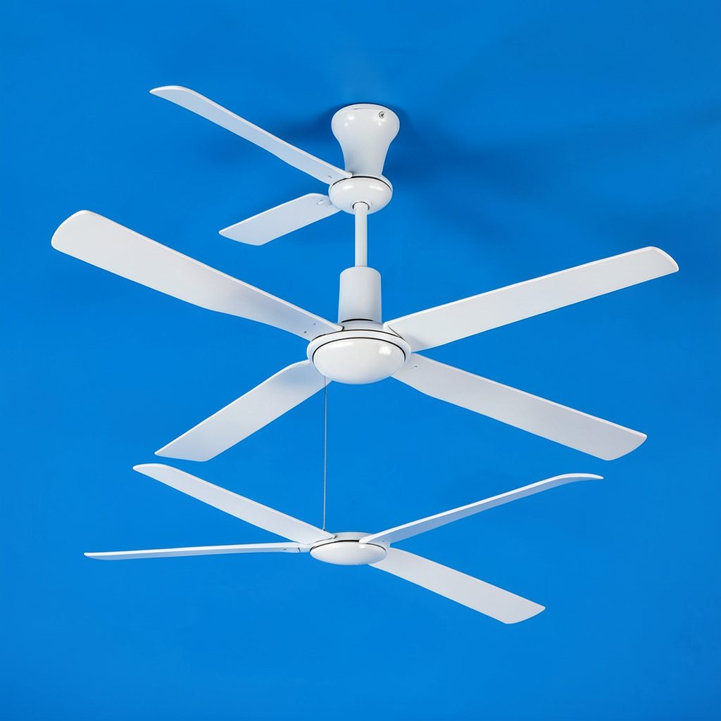 Ventilador de techo de diseño singular como elemento decorativo central de una habitación luminosa
