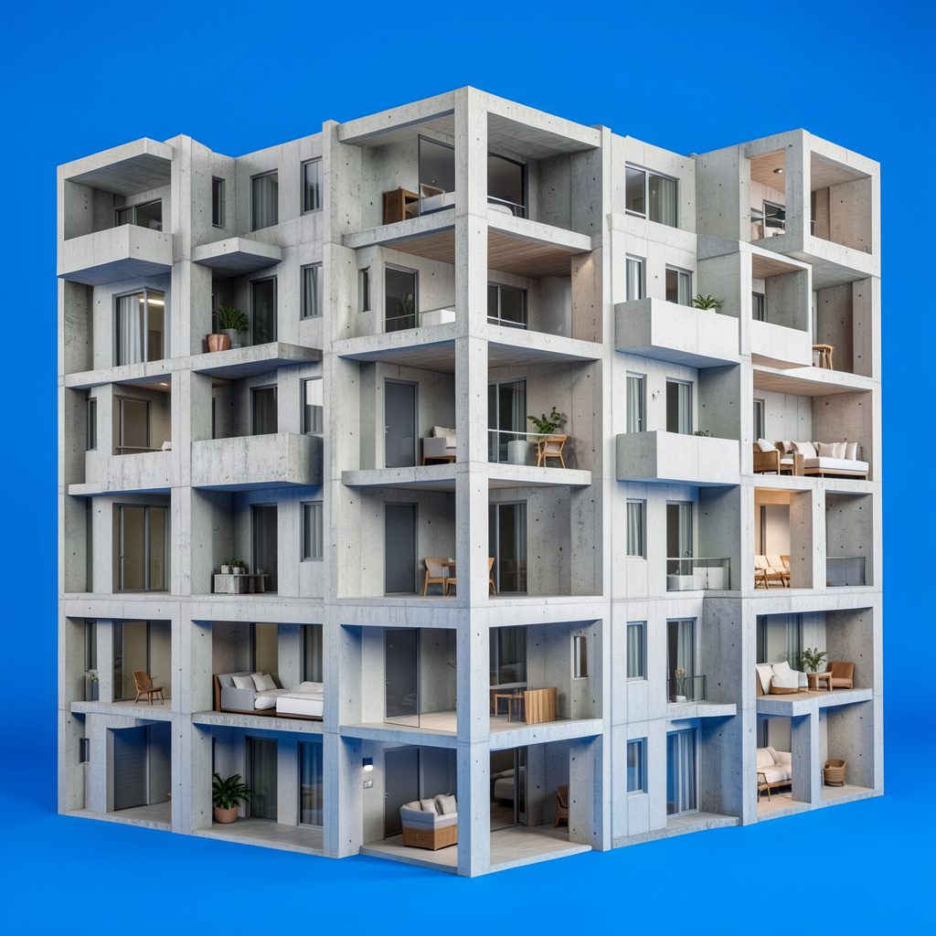 Habitación con muro de hormigón visto como acabado principal, en luz suave y atmósfera sobria