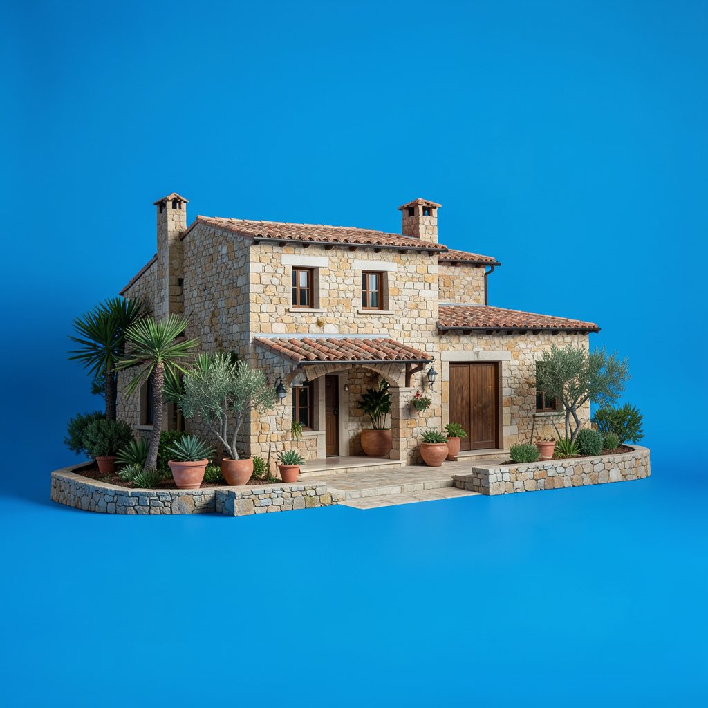 Villa mediterránea de lujo con muros encalados, madera rústica y patio soleado, de ambiente cálido y sereno