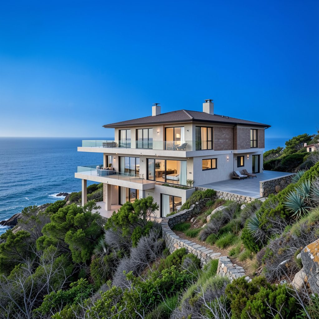 Casa contemporánea encaramada en una ladera con grandes ventanales y vistas al océano Atlántico, bañada por una luz cálida de atardecer
