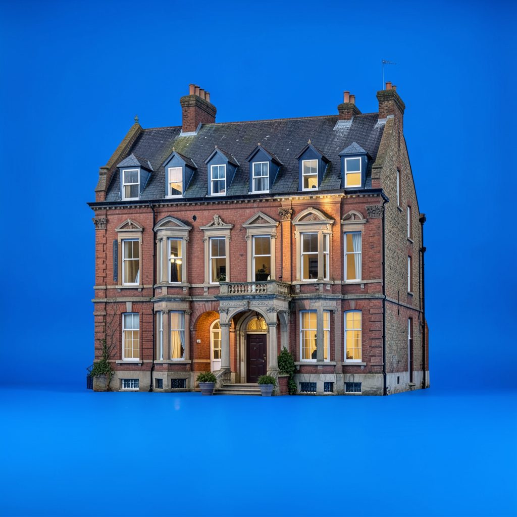 Fachada elegante de una vivienda con grandes ventanales, tonos claros y una atmósfera serena y luminosa