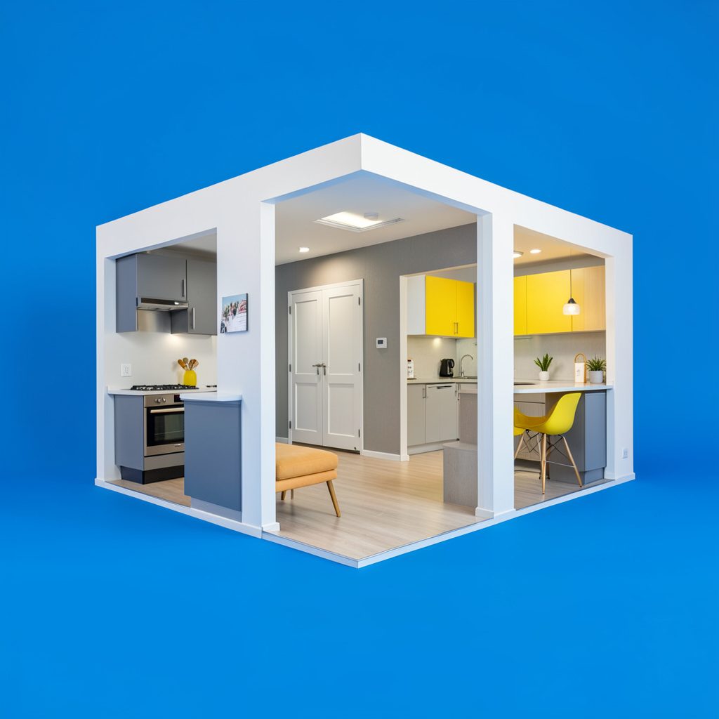 Cocina comedor integrada en plan abierto con isla central, en gris y amarillo
