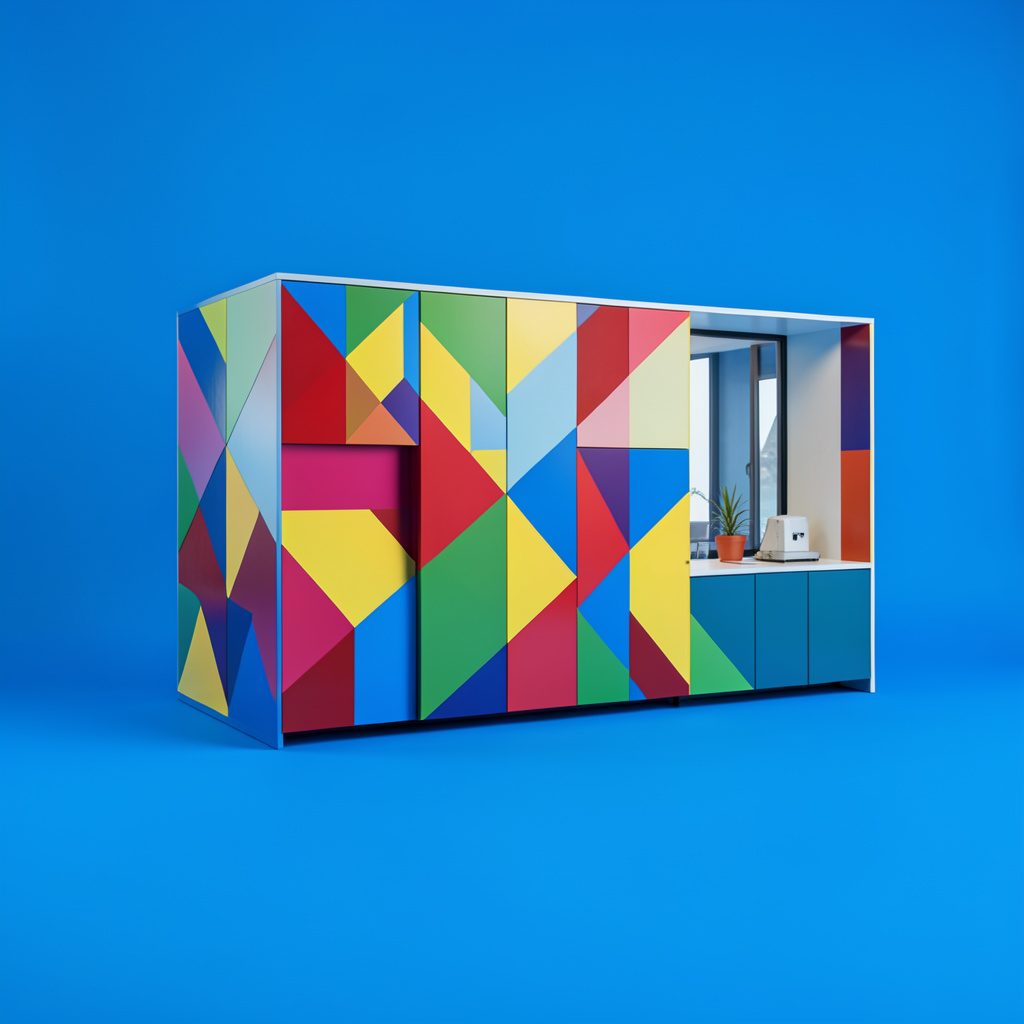 Apartamento con un diseño geométrico colorido, paredes con formas y acentos vivos